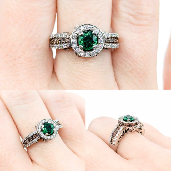 Ring LeVian .75ctw Round White & Chocolate Diamonds .55ct Emerald 14kw sz6.25 10mm 124060218