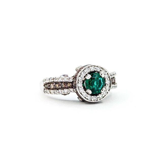 Ring LeVian .75ctw Round White & Chocolate Diamonds .55ct Emerald 14kw sz6.25 10mm 124060218