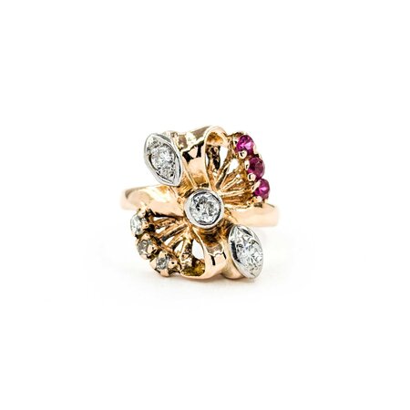 Ring Art Deco .25ctw Round Diamond .09ctw Ruby 14kr sz4.75 224110757