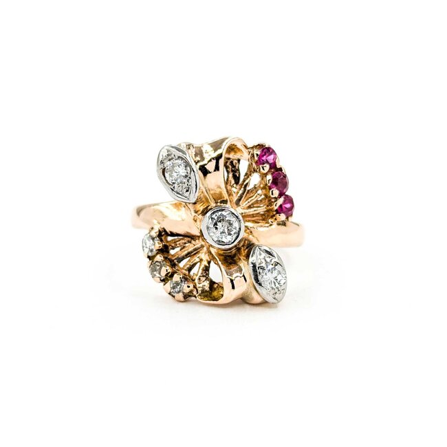 Ring Art Deco .25ctw Round Diamond .09ctw Ruby 14kr sz4.75 224110757