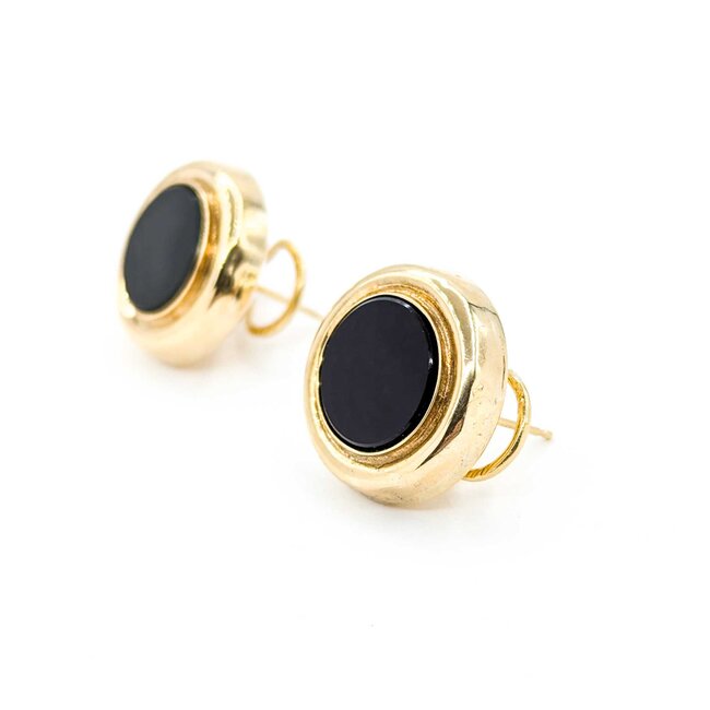 Earrings Stud Omega Back 12x12mm Round Onyx .75x.75" 14ky 224114152