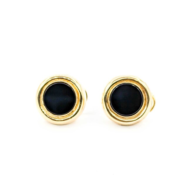 Earrings Stud Omega Back 12x12mm Round Onyx .75x.75" 14ky 224114152