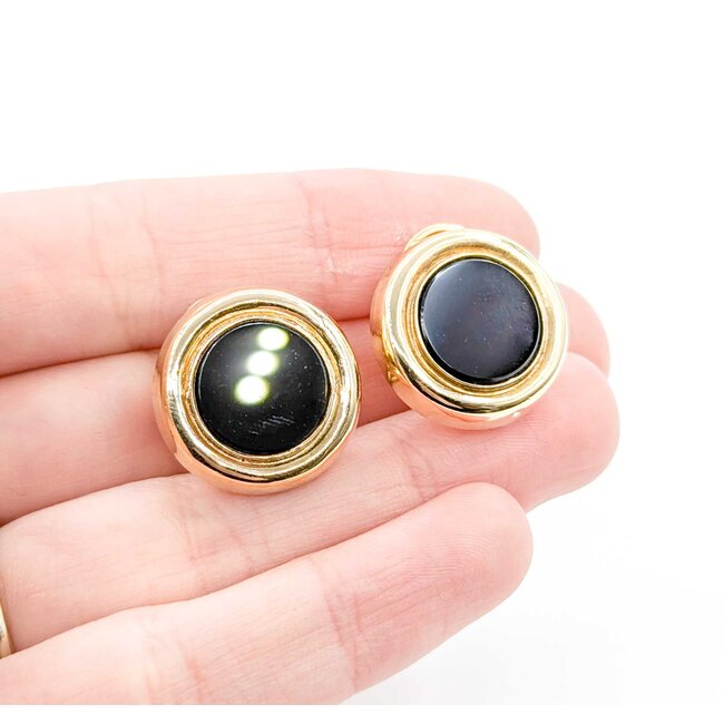 Earrings Stud Omega Back 12x12mm Round Onyx .75x.75" 14ky 224114152
