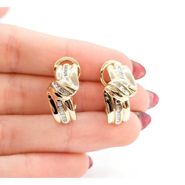 Earrings Ribbon .50ctw Baguette Diamonds Omega Back 24x12mm 14ky 224114019