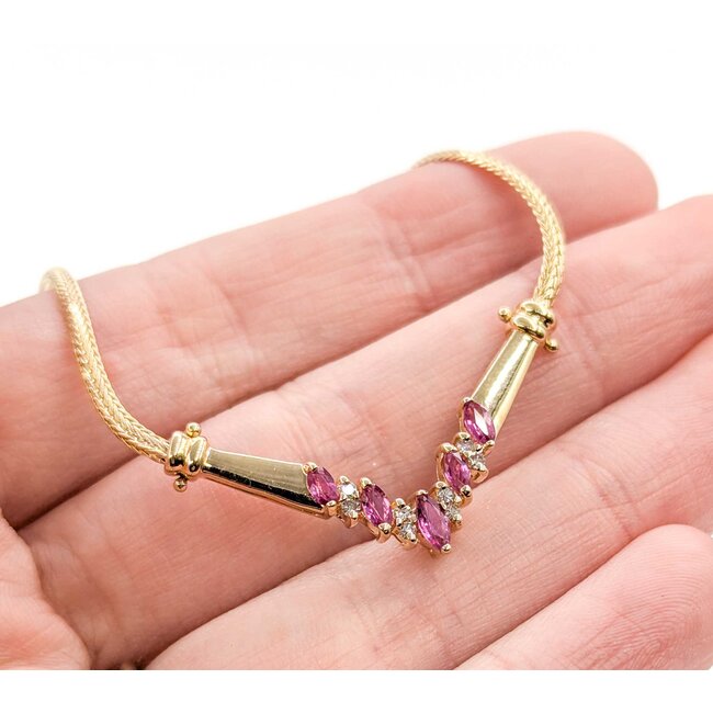 Necklace .04ctw Round Diamonds "V" Style .60ctw Ruby 14ky 16" mm 225012251