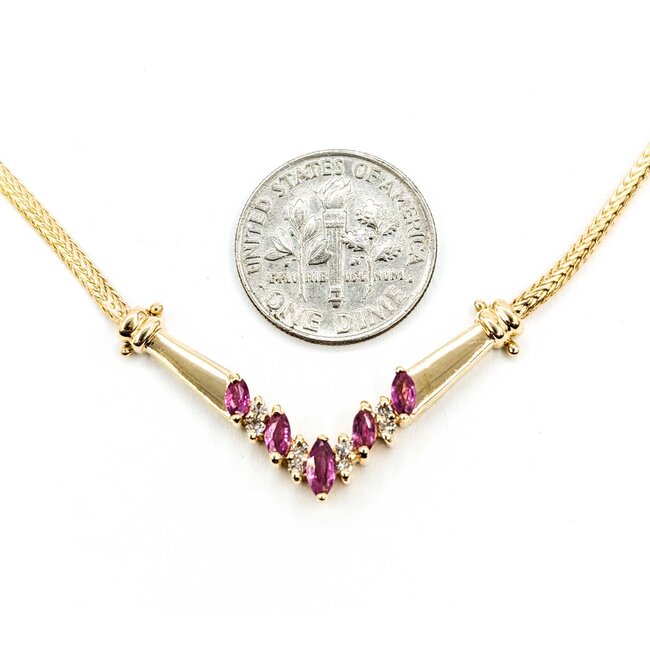 Necklace .04ctw Round Diamonds "V" Style .60ctw Ruby 14ky 16" mm 225012251