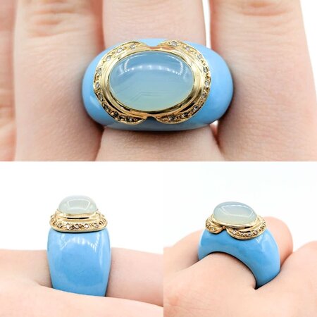 Ring Carved Turquoise .06ctw Round Diamonds 14x10mm Chelcedony 14ky sz7 225010184