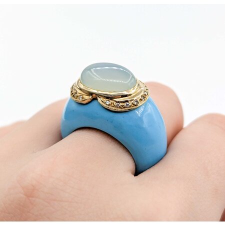 Ring Carved Turquoise .06ctw Round Diamonds 14x10mm Chelcedony 14ky sz7 225010184