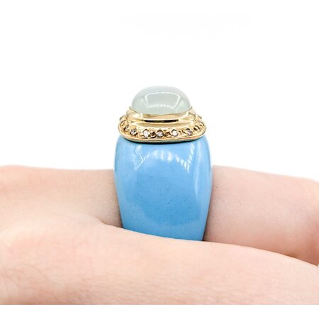 Ring Carved Turquoise .06ctw Round Diamonds 14x10mm Chelcedony 14ky sz7 225010184