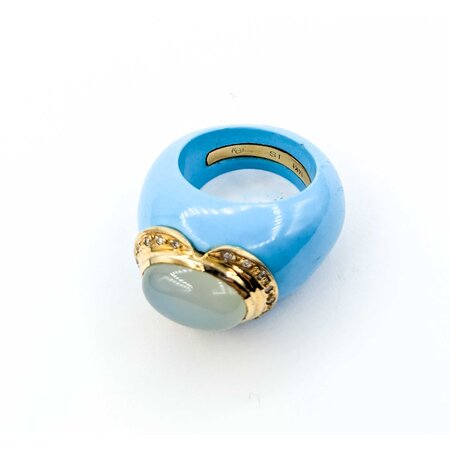 Ring Carved Turquoise .06ctw Round Diamonds 14x10mm Chelcedony 14ky sz7 225010184
