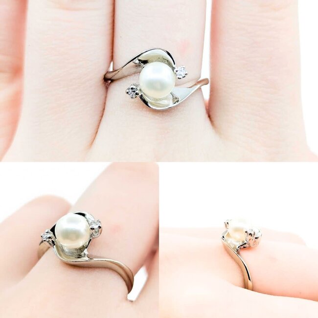 Ring .02ctw Single Cut Diamonds 6.5mm Akoya Pearl 14kw sz7.5 225010178
