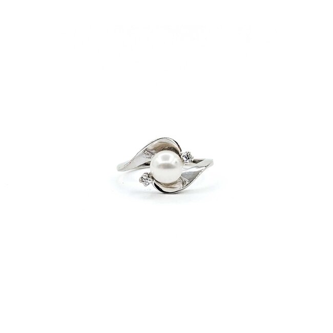 Ring .02ctw Single Cut Diamonds 6.5mm Akoya Pearl 14kw sz7.5 225010178