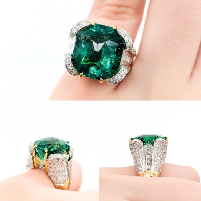 Ring 1.25ctw Round/Princess Diamond 14ct Green Fluorite 18ky 15mm Sz3.75 18.3g 225010032