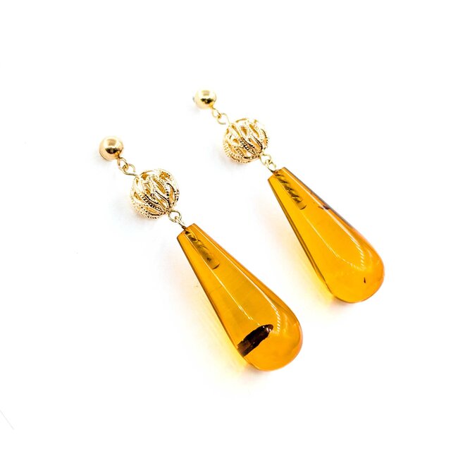 Earrings Dangle Friction Back 25x10 Amber 43.5x10mm 14ky 225014157