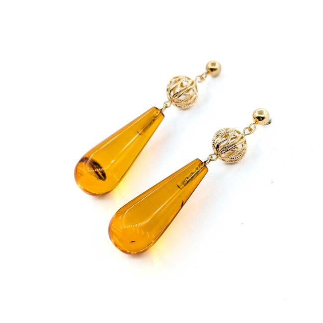 Earrings Dangle Friction Back 25x10 Amber 43.5x10mm 14ky 225014157