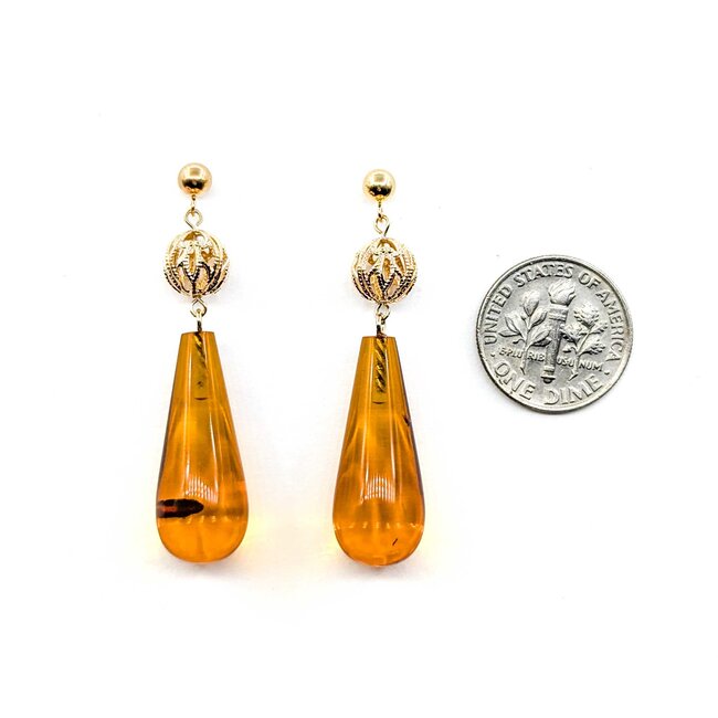 Earrings Dangle Friction Back 25x10 Amber 43.5x10mm 14ky 225014157
