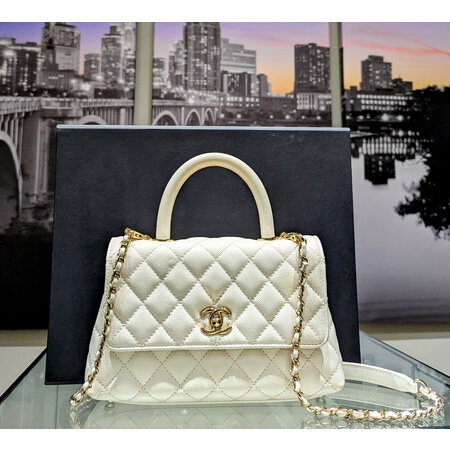 Handbag Chanel Flap Bag with Top Handle White Caviar Gold Chain 125025019