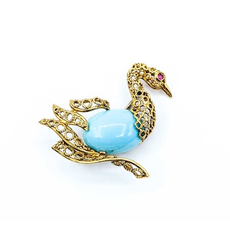 Brooch Swan Design 18x13mm Robins Egg Turquoise .03ct Ruby 18ky 1.5x1.5" 9.5g 225010075