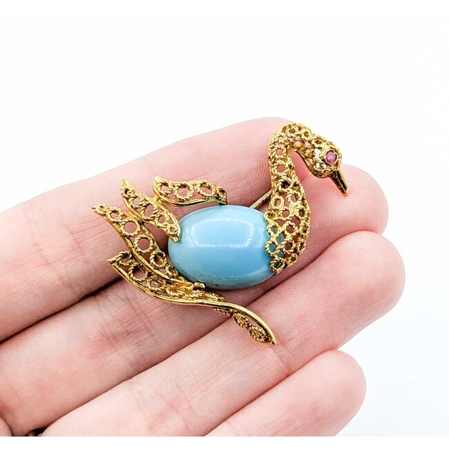 Brooch Swan Design 18x13mm Robins Egg Turquoise .03ct Ruby 18ky 1.5x1.5" 9.5g 225010075