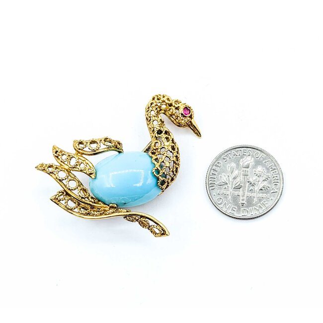 Brooch Swan Design 18x13mm Robins Egg Turquoise .03ct Ruby 18ky 1.5x1.5" 9.5g 225010075