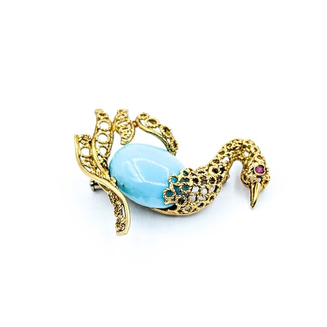 Brooch Swan Design 18x13mm Robins Egg Turquoise .03ct Ruby 18ky 1.5x1.5" 9.5g 225010075