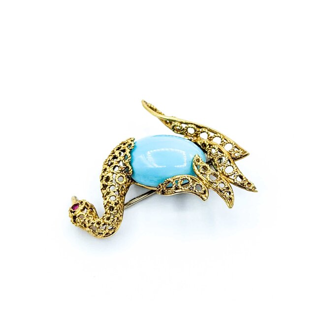 Brooch Swan Design 18x13mm Robins Egg Turquoise .03ct Ruby 18ky 1.5x1.5" 9.5g 225010075