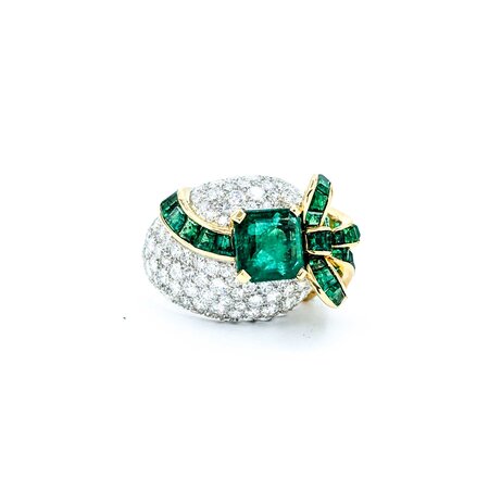 Ring Cocktail Ribbon 1.72ctw Round Diamonds 3.10ct Emerald 1.00ctw Accent Emeralds 18ky .6x1" Sz7 12.19g 225010055