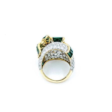 Ring Cocktail Ribbon 1.72ctw Round Diamonds 3.10ct Emerald 1.00ctw Accent Emeralds 18ky .6x1" Sz7 12.19g 225010055