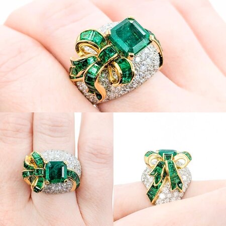 Ring Cocktail Ribbon 1.72ctw Round Diamonds 3.10ct Emerald 1.00ctw Accent Emeralds 18ky .6x1" Sz7 12.19g 225010055