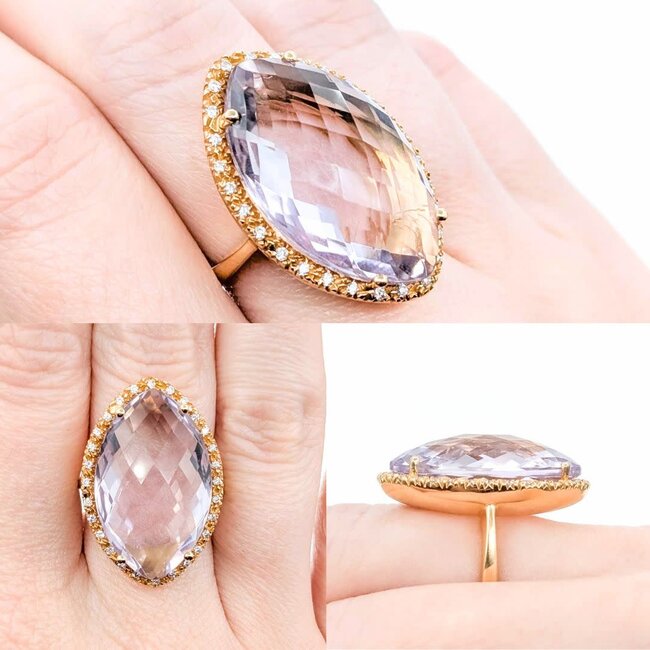 Ring Cocktail Diamond Halo .28ctw Round Diamonds 15ct Pastel Purple Marquise Checkerboad Cut Amethyst 14kr 1.2x.8" Sz5.5 13.93g 225010062