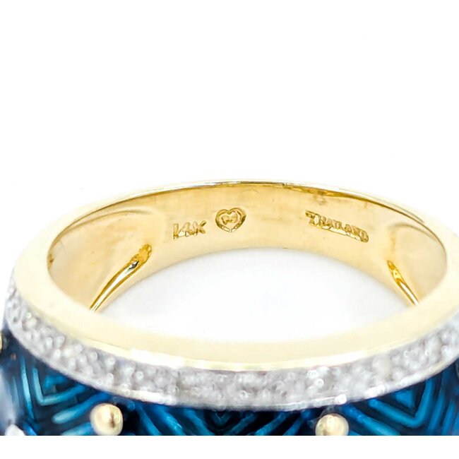 Ring Enamel Turquoise .10ctw Round Diamonds 14ky 12.6mm sz7 7.49g 225010040