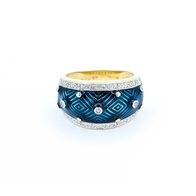 Ring Enamel Turquoise .10ctw Round Diamonds 14ky 12.6mm sz7 7.49g 225010040