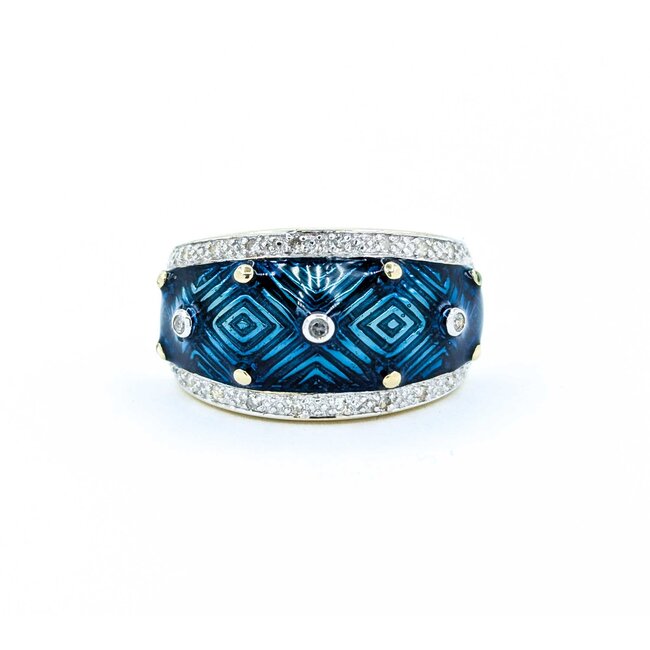 Ring Enamel Turquoise .10ctw Round Diamonds 14ky 12.6mm sz7 7.49g 225010040