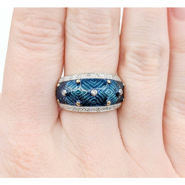 Ring Enamel Turquoise .10ctw Round Diamonds 14ky 12.6mm sz7 7.49g 225010040