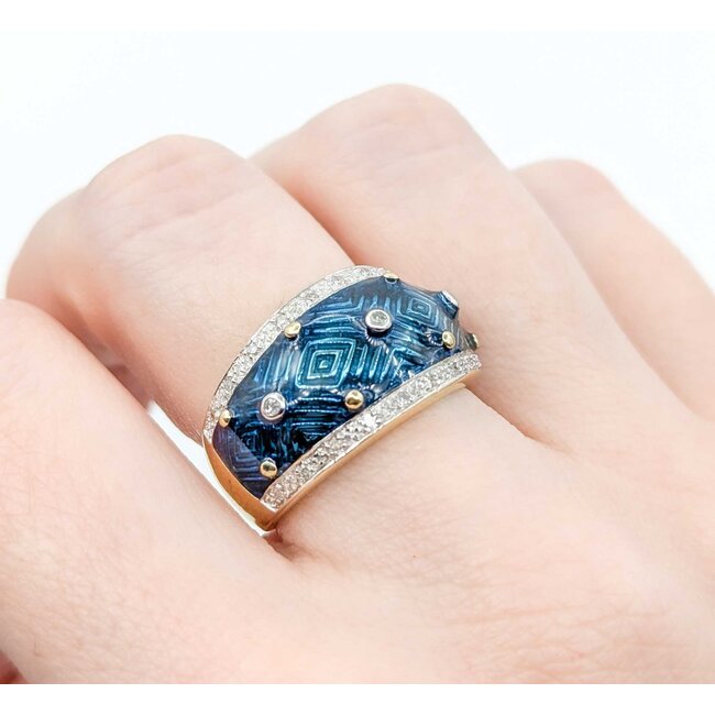 Ring Enamel Turquoise .10ctw Round Diamonds 14ky 12.6mm sz7 7.49g 225010040