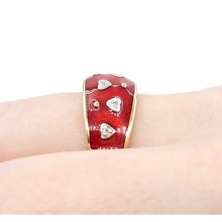 Ring Enamel Red .03ctw Round Diamonds 14ky 9.9mm sz8 5.4g 225010041