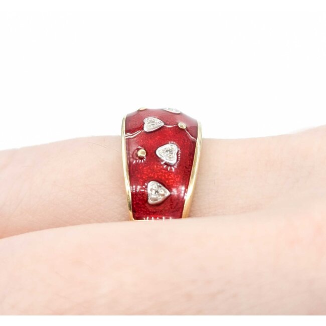 Ring Enamel Red .03ctw Round Diamonds 14ky 9.9mm sz8 5.4g 225010041