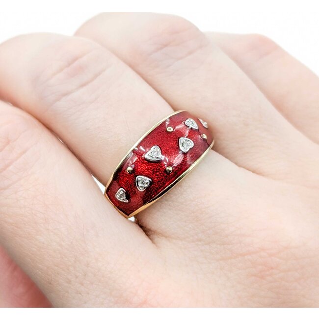 Ring Enamel Red .03ctw Round Diamonds 14ky 9.9mm sz8 5.4g 225010041