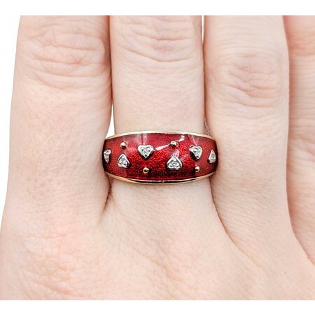 Ring Enamel Red .03ctw Round Diamonds 14ky 9.9mm sz8 5.4g 225010041