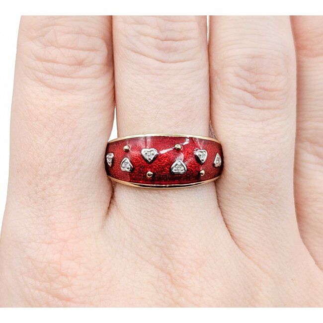 Ring Enamel Red .03ctw Round Diamonds 14ky 9.9mm sz8 5.4g 225010041