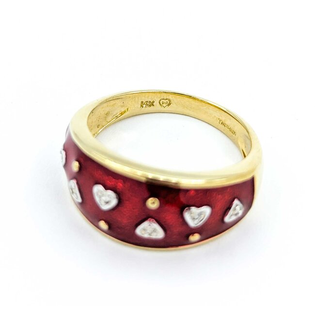 Ring Enamel Red .03ctw Round Diamonds 14ky 9.9mm sz8 5.4g 225010041