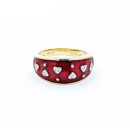 Ring Enamel Red .03ctw Round Diamonds 14ky 9.9mm sz8 5.4g 225010041