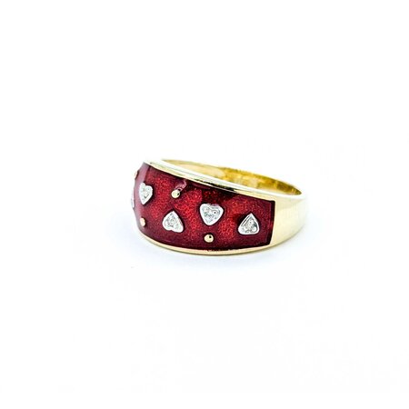 Ring Enamel Red .03ctw Round Diamonds 14ky 9.9mm sz8 5.4g 225010041
