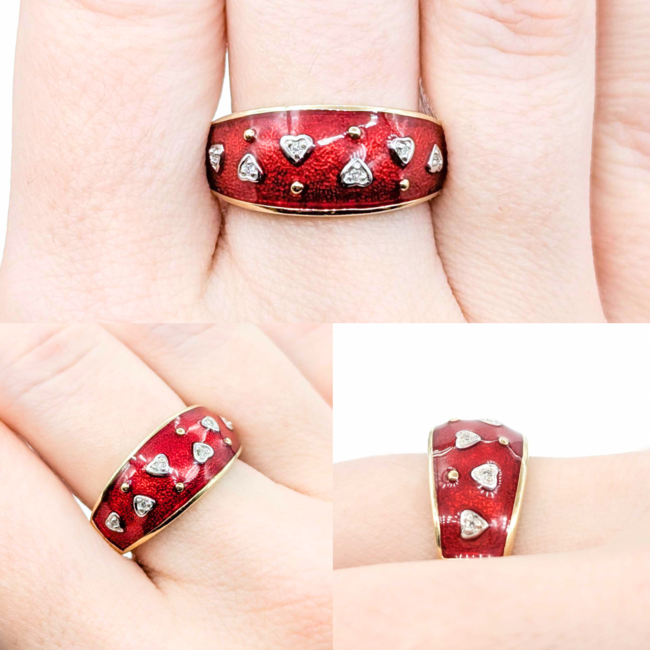Ring Enamel Red .03ctw Round Diamonds 14ky 9.9mm sz8 5.4g 225010041