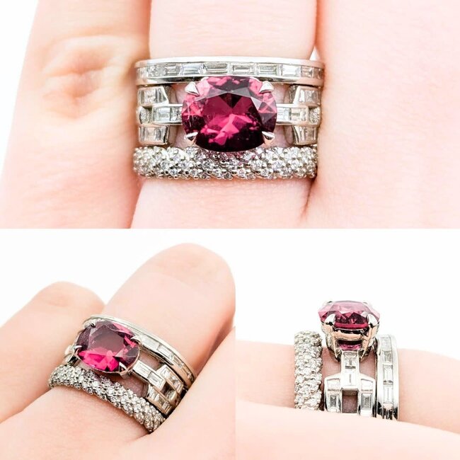 Ring Pave Cable & Channel Set 2.34ctw Round & Baguette Diamonds 2.01ct Rubellite Tourmaline 900pt 13mm Sz6.5 15.46g 225010099
