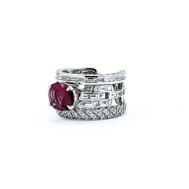 Ring Pave Cable & Channel Set 2.34ctw Round & Baguette Diamonds 2.01ct Rubellite Tourmaline 900pt 13mm Sz6.5 15.46g 225010099