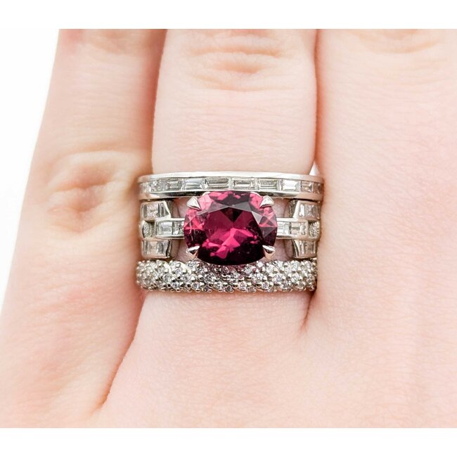 Ring Pave Cable & Channel Set 2.34ctw Round & Baguette Diamonds 2.01ct Rubellite Tourmaline 900pt 13mm Sz6.5 15.46g 225010099