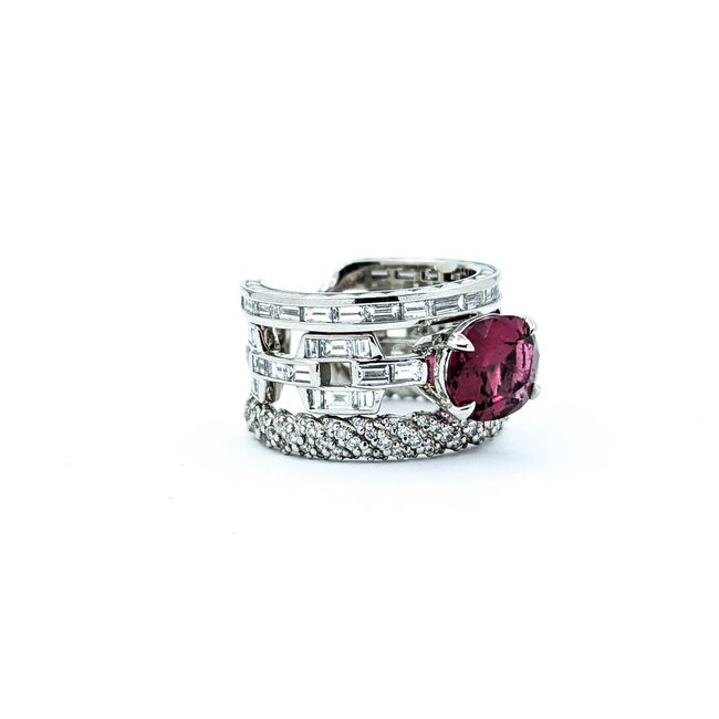Ring Pave Cable & Channel Set 2.34ctw Round & Baguette Diamonds 2.01ct Rubellite Tourmaline 900pt 13mm Sz6.5 15.46g 225010099