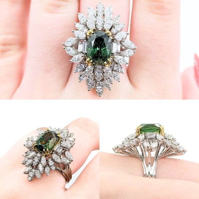 Ring Cocktail 3.82ctw Round, Marquise, Baguette Diamonds GIA 6.13ct Forest Green Demantoid Garnet 18kw 1.25x1" Sz6.5 11.58g 225010056