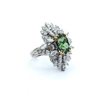 Ring Cocktail 3.82ctw Round, Marquise, Baguette Diamonds GIA 6.13ct Forest Green Demantoid Garnet 18kw 1.25x1" Sz6.5 11.58g 225010056